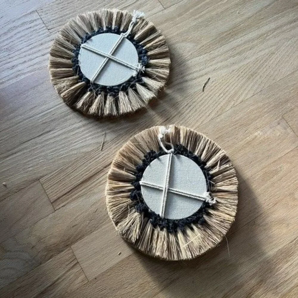 2 Pcs Boho Raffia Mirror Wall Hanging Home Decor Neutral Hippie‎ Beige Black